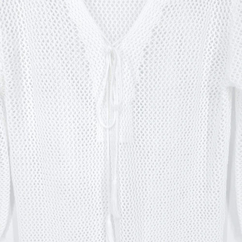 Green Label White Crochet Knit Tie Tassel Swim Cover Up‎ Dress M Boho